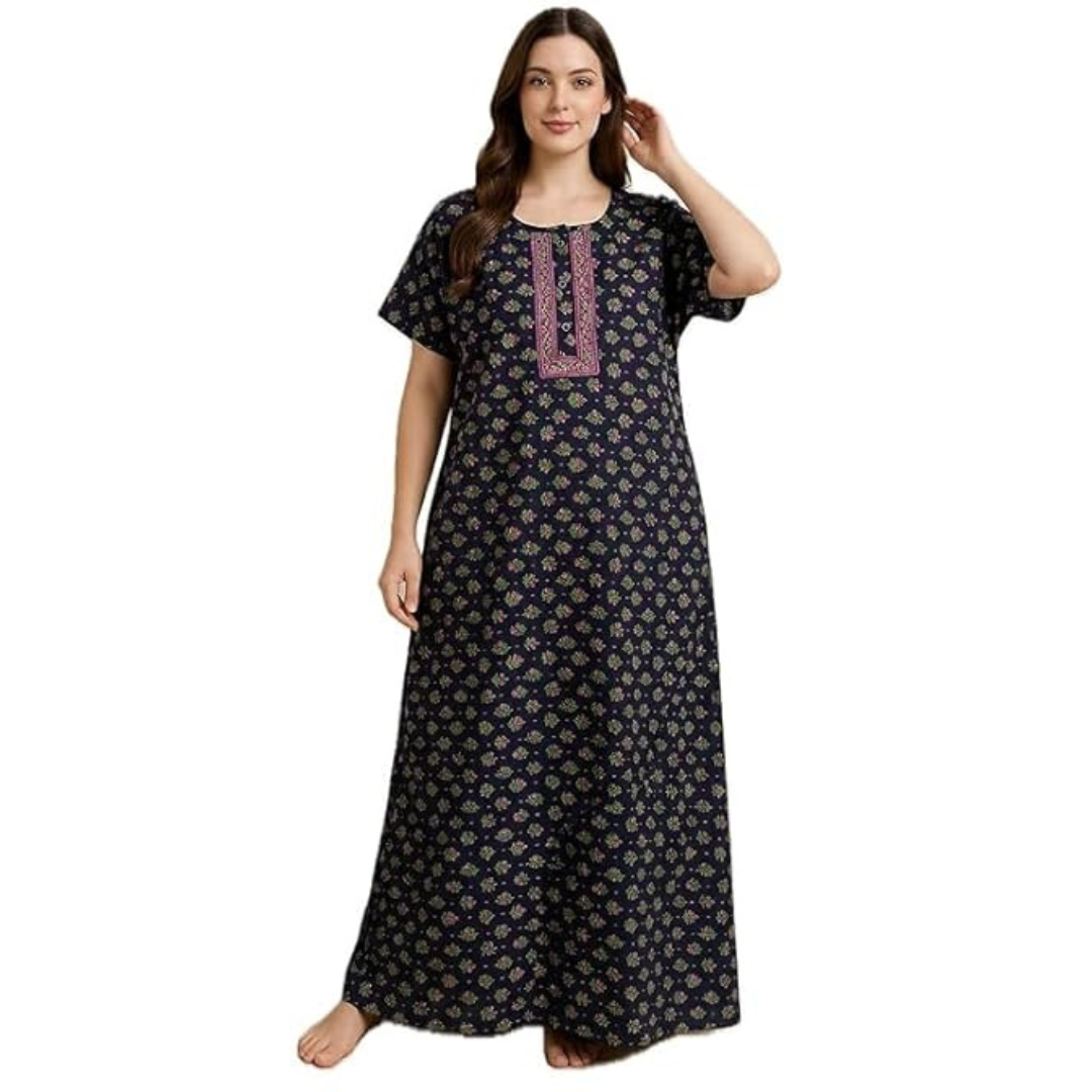 Navy Printed Cotton Comfort Nighty