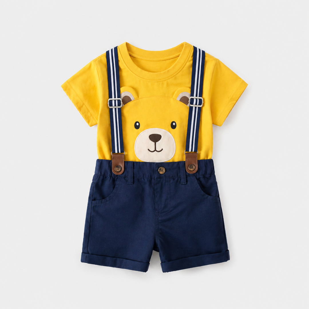 Cute Bear Print Kids Dungaree Set