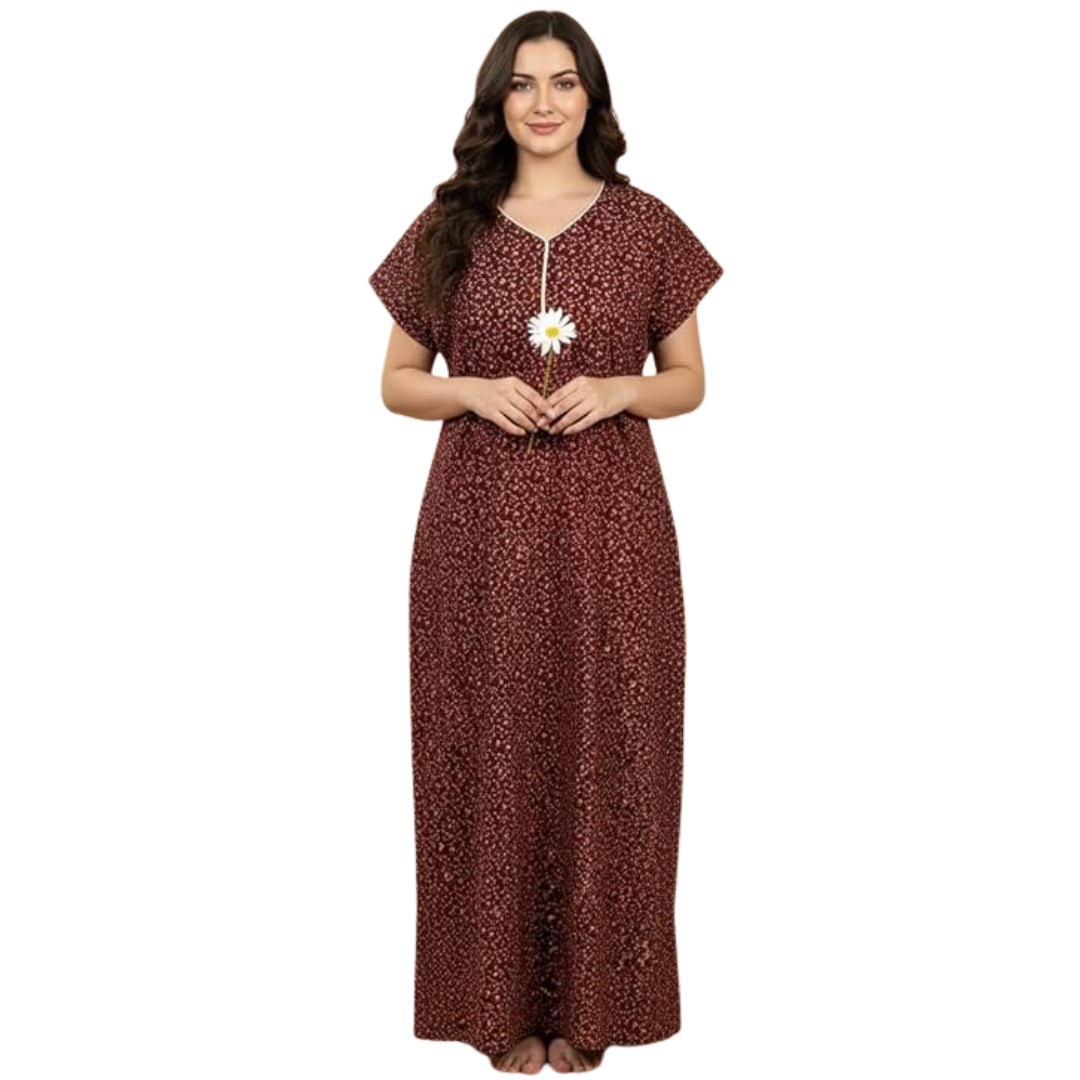 Maroon Printed Cotton Long Nighty