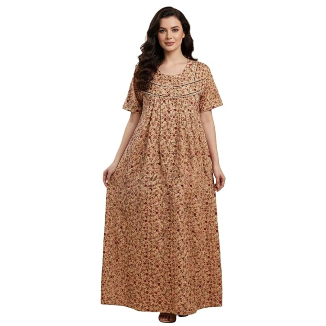 Brown Printed Cotton Long Nighty
