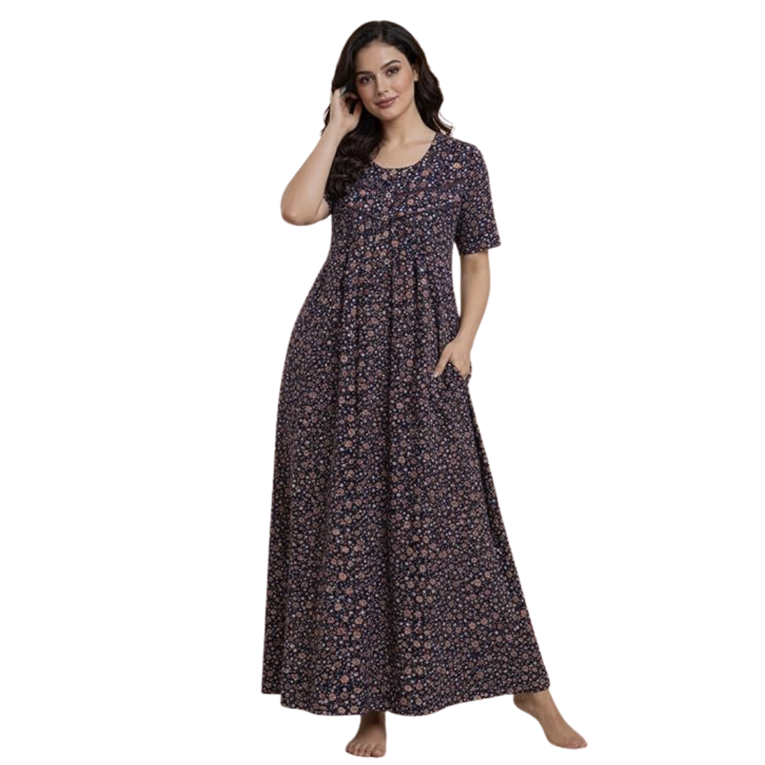 Brown Floral Cotton Comfortable Nighty