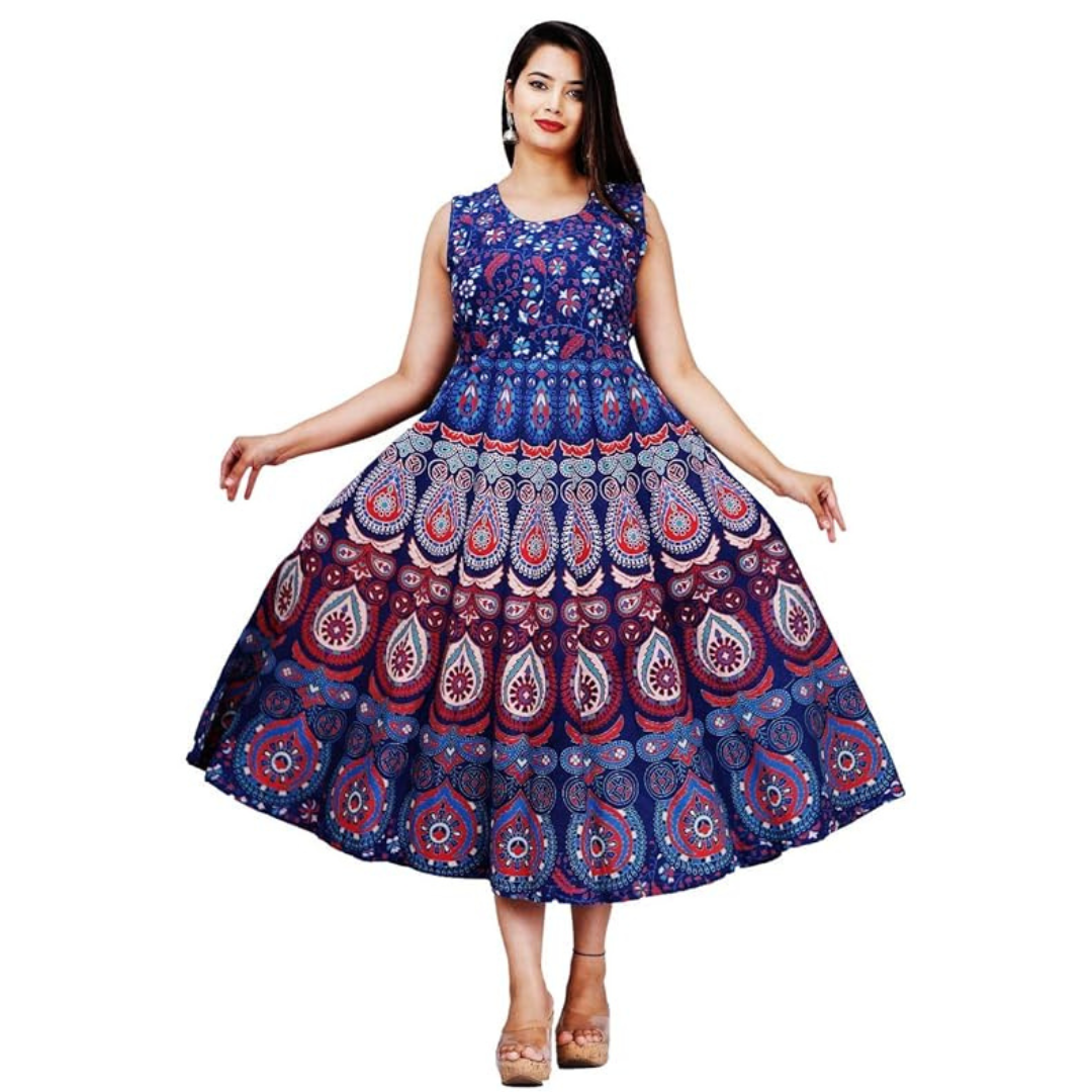 Blue Printed Cotton Stylish Flared Frock