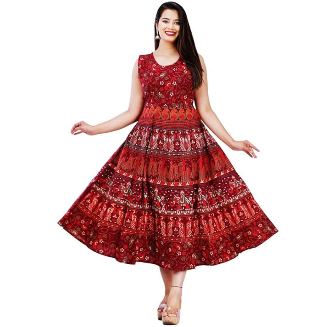 Red Printed Cotton Elegant Flared Frock