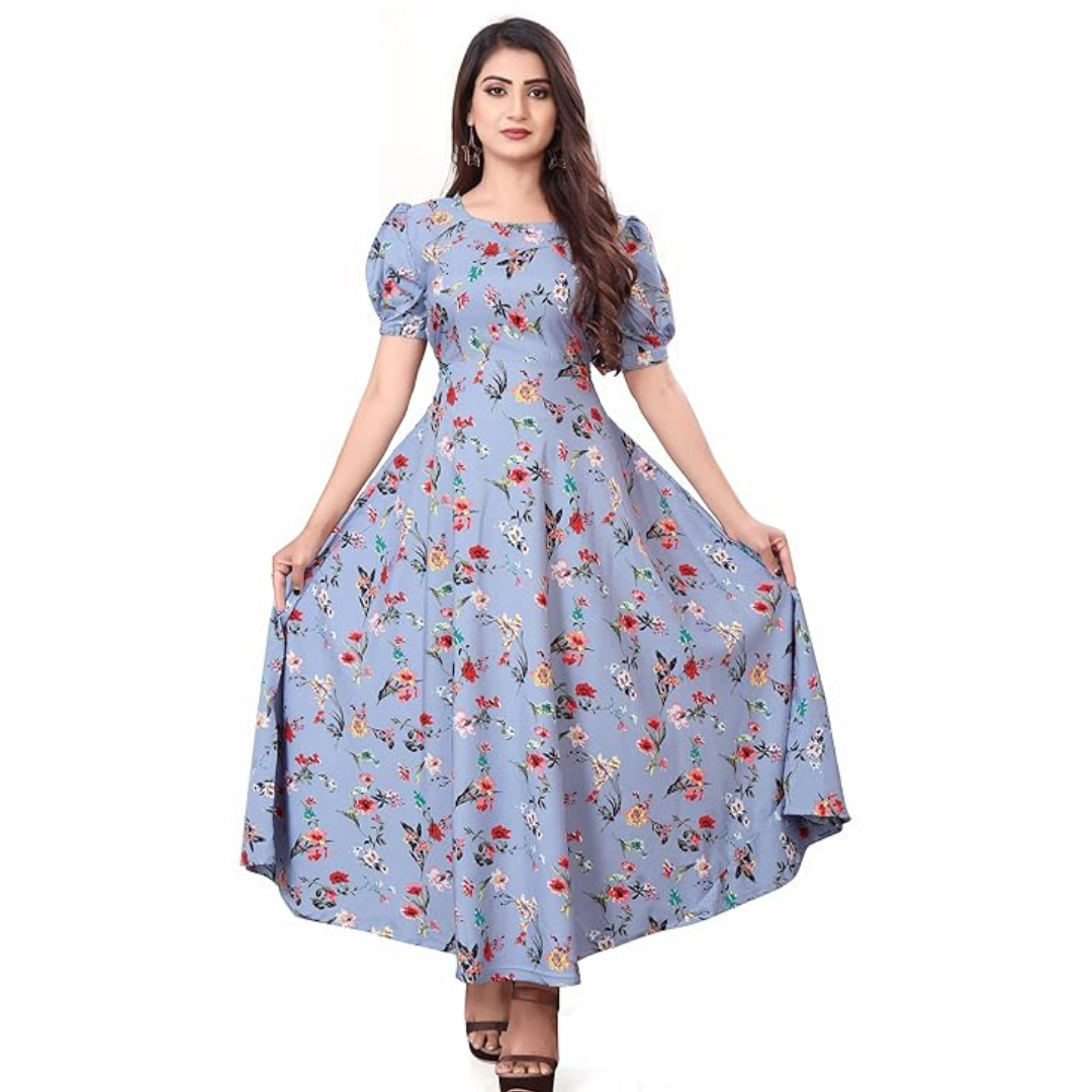 Sky Blue Floral Printed Cotton Elegant Frock