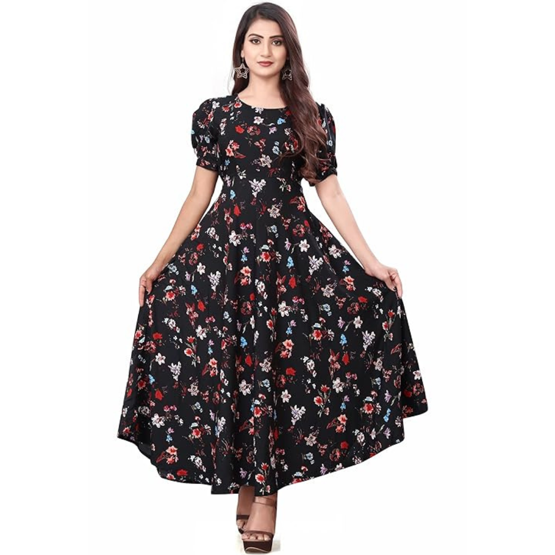 Black Floral Printed Cotton Stylish Flared Frock