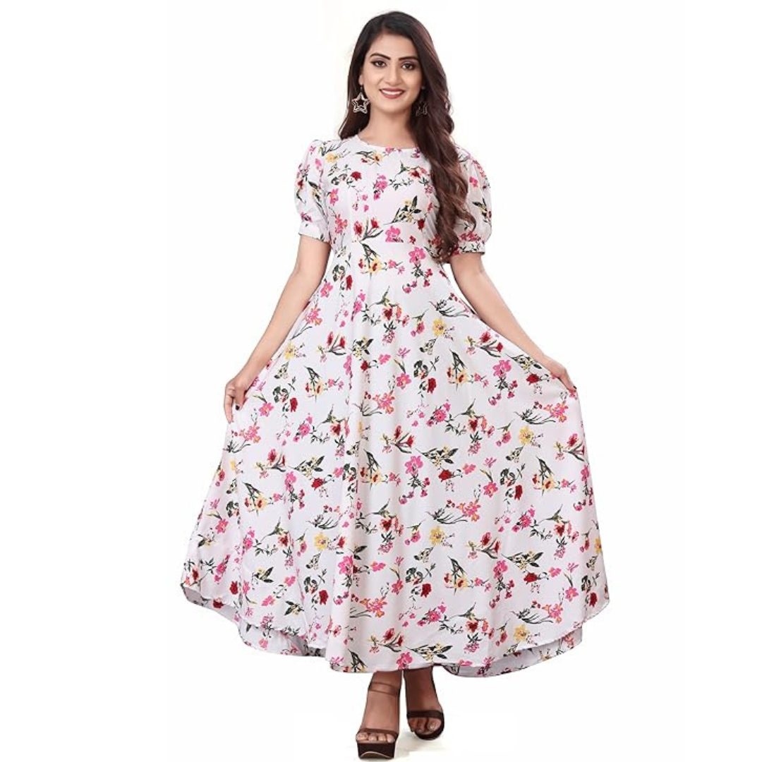 White Floral Printed Cotton Elegant Flared Frock