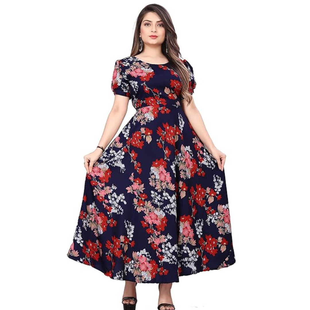 Navy Blue Floral Printed Cotton Elegant Frock