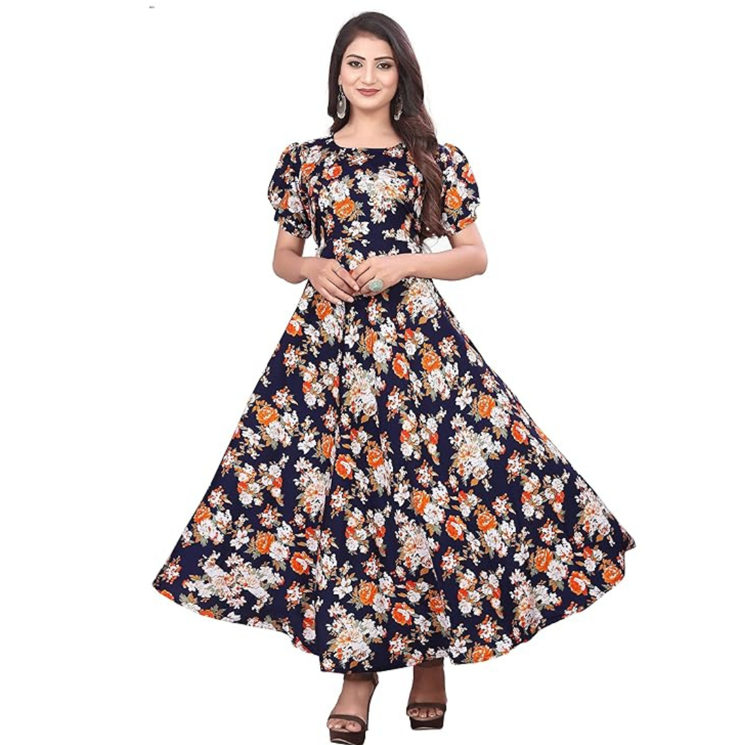 Navy Blue Floral Printed Cotton Stylish Flared Frock